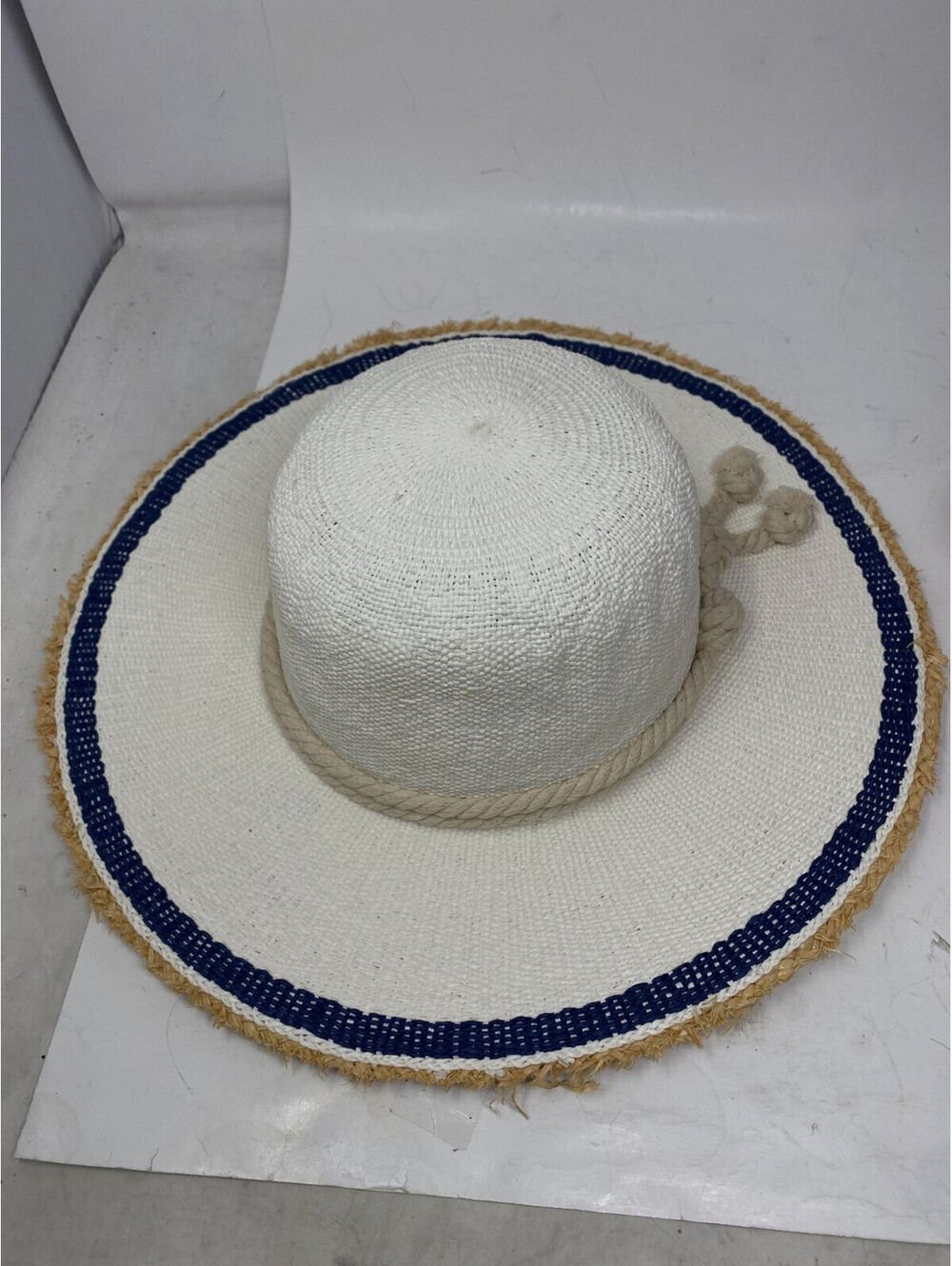 INC International Concepts White Floppy Sun Hat Navy Stripe Rope Tie Raffia Trim